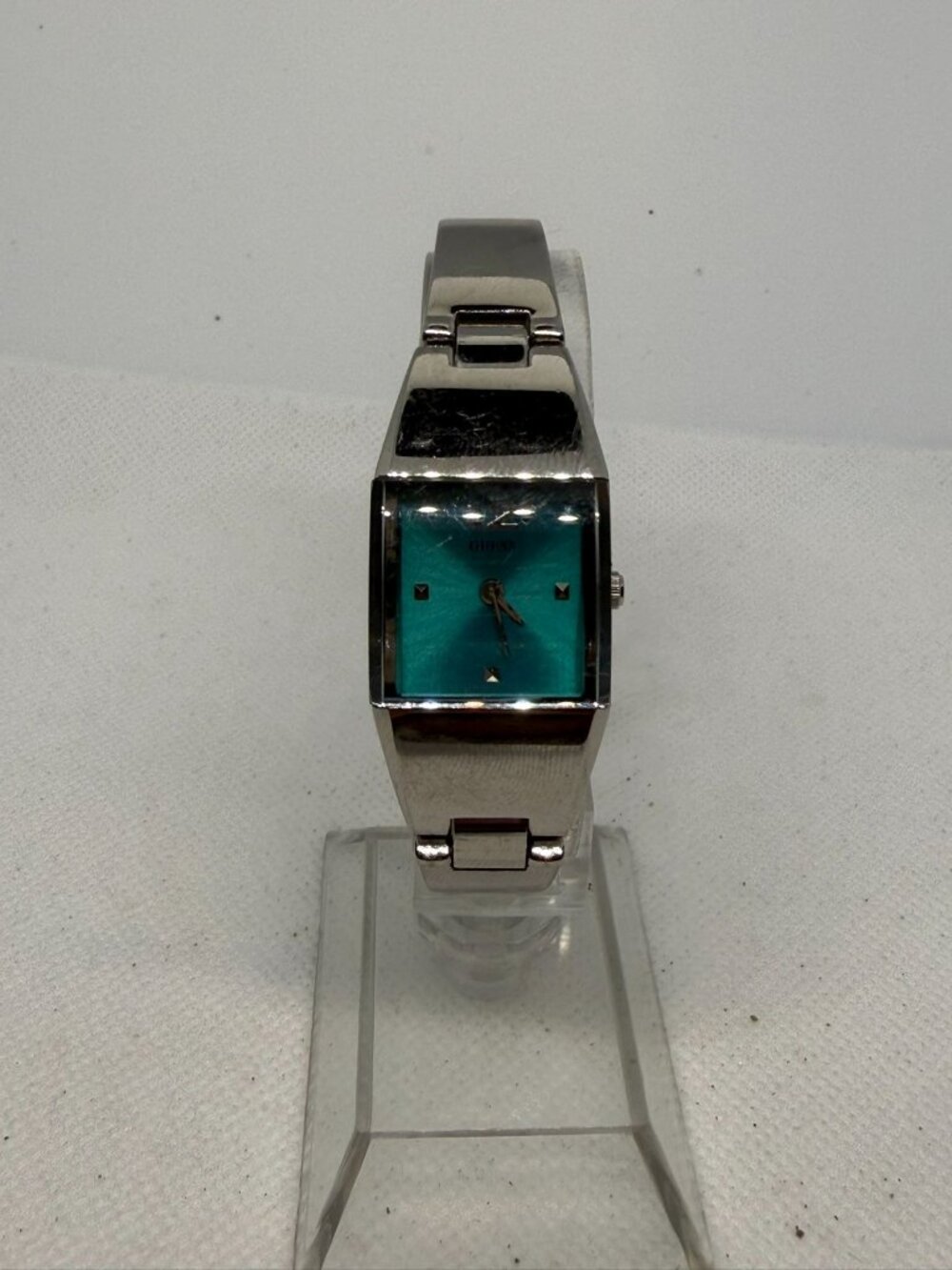 Vintage Guess Women's Teal Rectangular Dial Silver-Tone Metal Band Quartz Watch